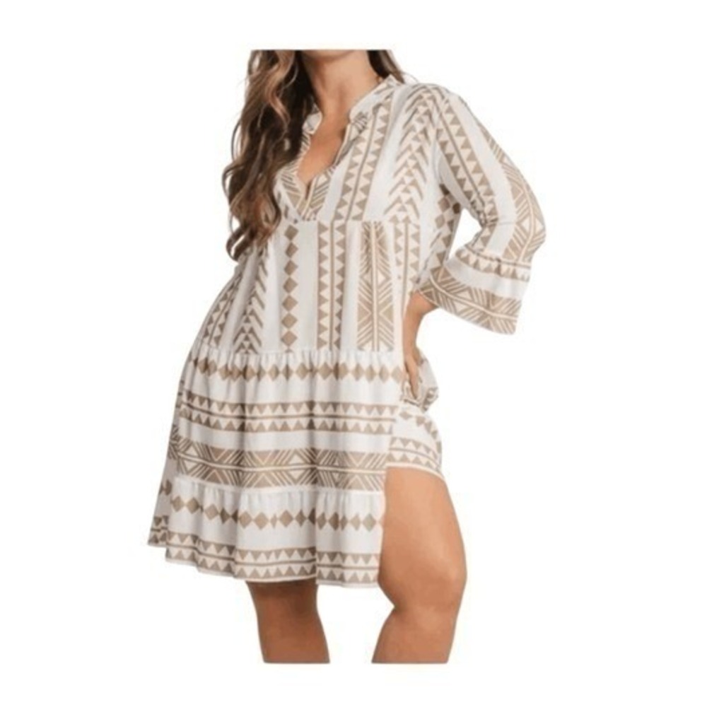 Silk and Salt The‎ Perfect Sundress White Khaki Knit Tribal Print Mini Dress XS